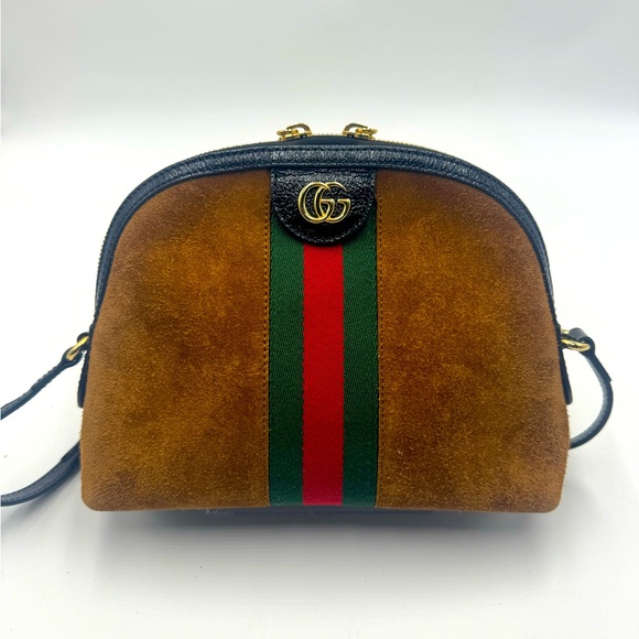 Auth Gucci Ophidia Dome Half Moon Web Cognac Brown Suede Small Crossbody Bag Ex+ - Picture 2 of 16